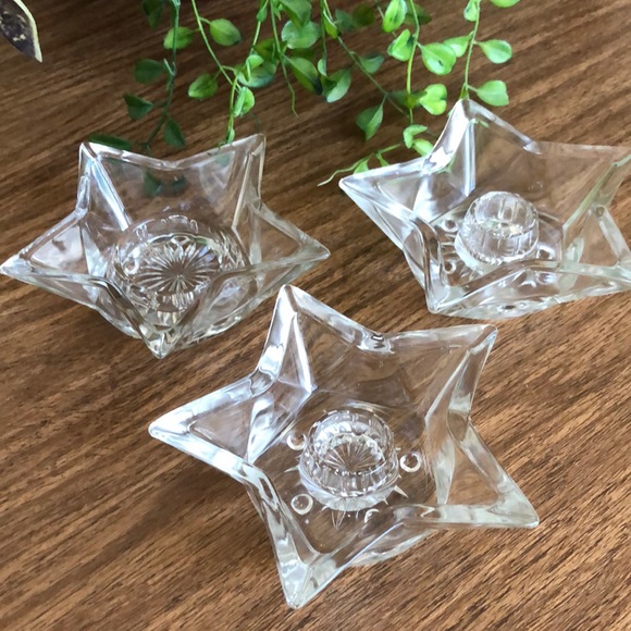 Vintage Hazel Atlas Clear Pressed Glass Star CANDLE HOLDER Set of 3 - Picture 1 of 5